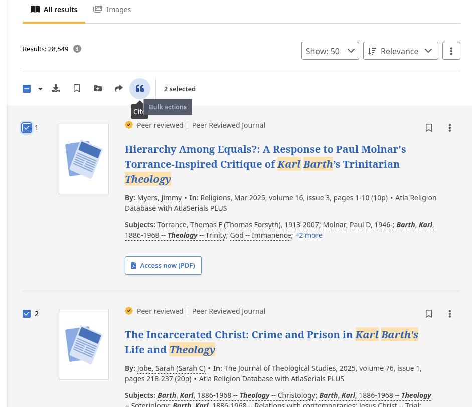 EBSCO web search for "Karl barth theology," with multiple articles selected in the results list