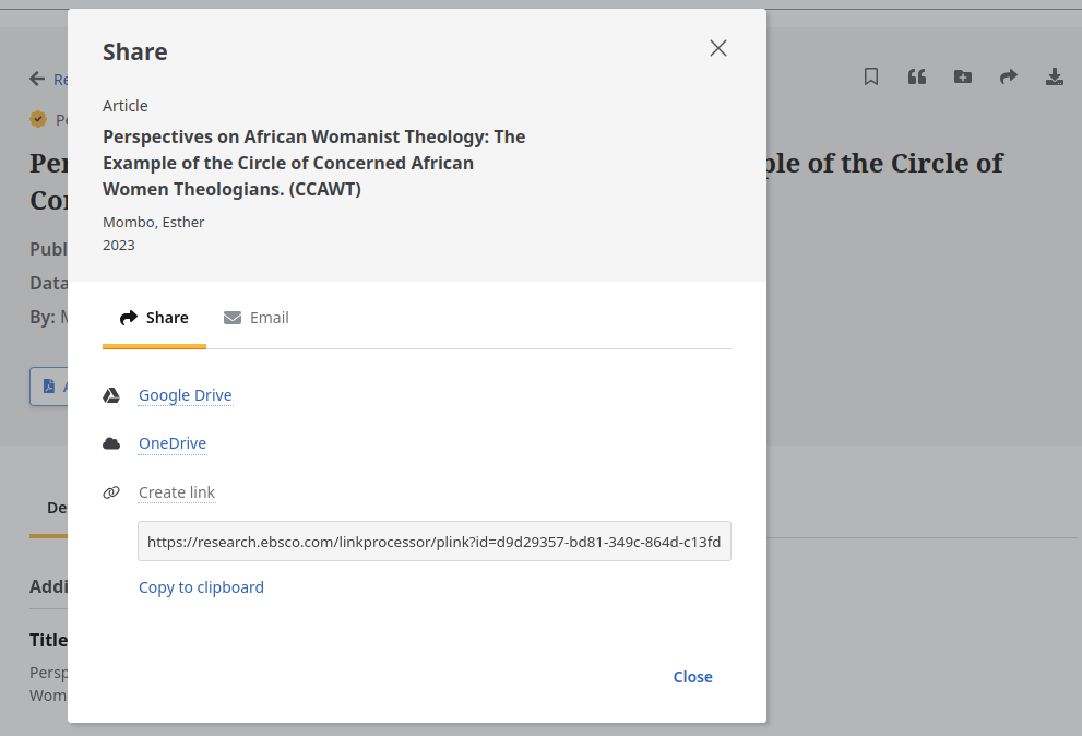 A JKM EBSCO search result listing with the "Share" pane and a permalink generated