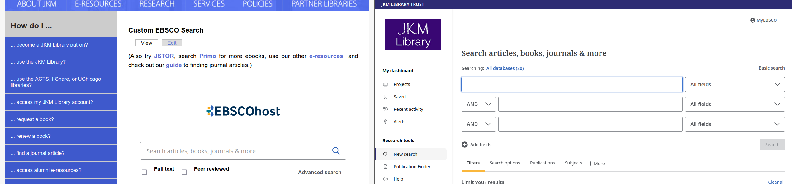 JKM Custom EBSCO Search page and JKM EBSCO advanced search of all databases