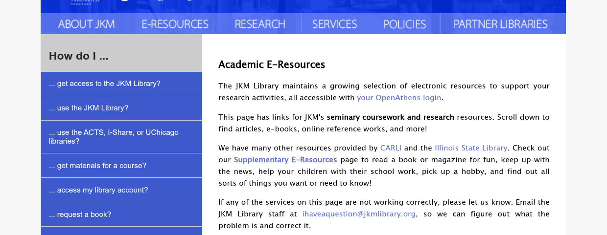 The JKM Library Academic E-Resources page, with categorized links for your curricular and scholarly needs