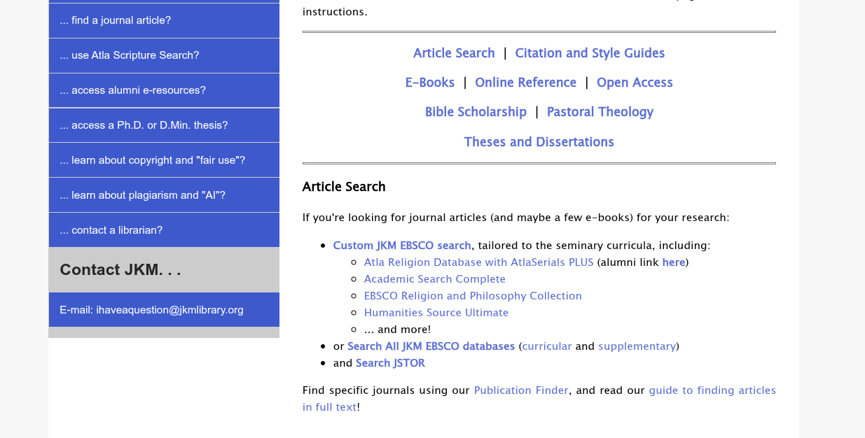 The "Article Search" section of the JKM Library Academic E-Resources page, with links to specific databse search tools