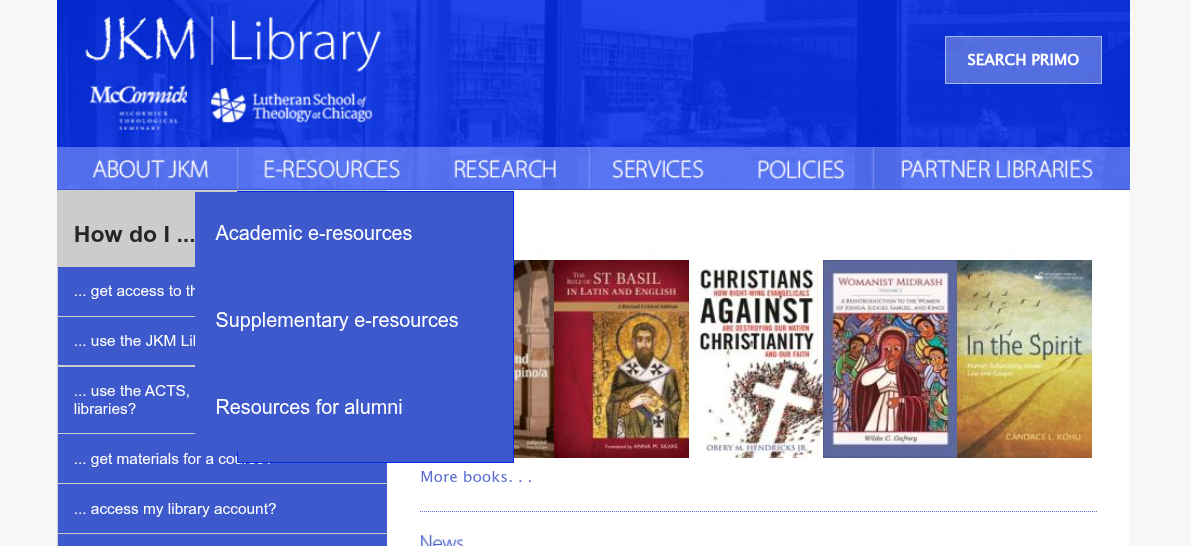The JKM Library home page with the E-Resources menu displayed, showing links to Academic, Supplementary, and Alumni resources