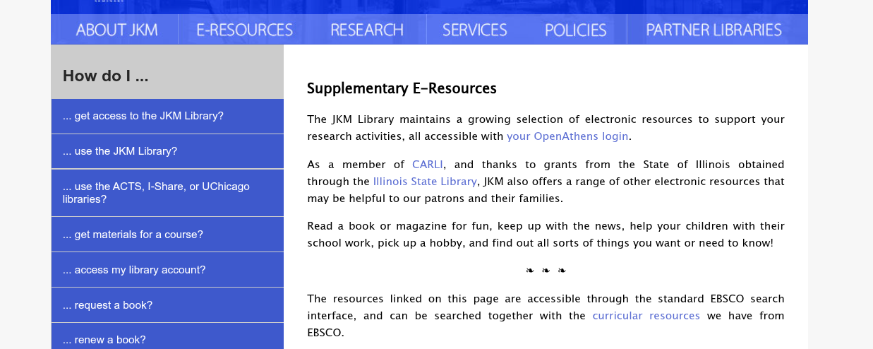 The JKM Library Supplementary E-Resources page, with categorized links for your many extracurricular needs