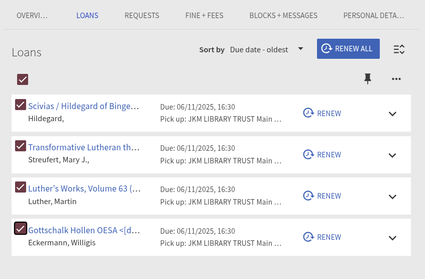 JKM Primo My Loans screen with multiple items highlighted for renewal
